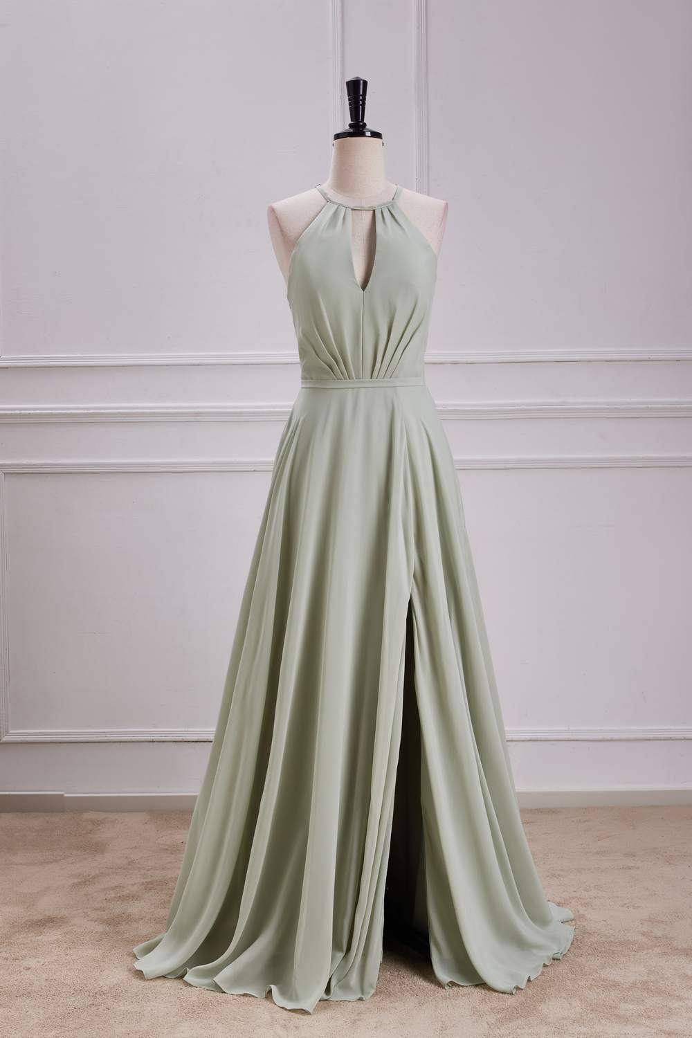 Halter Sage Keyhole Tie Back Long Maxi Dress with Slit  FancyVestido