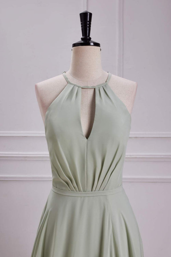 Halter Sage Keyhole Tie Back Long Maxi Dress with Slit