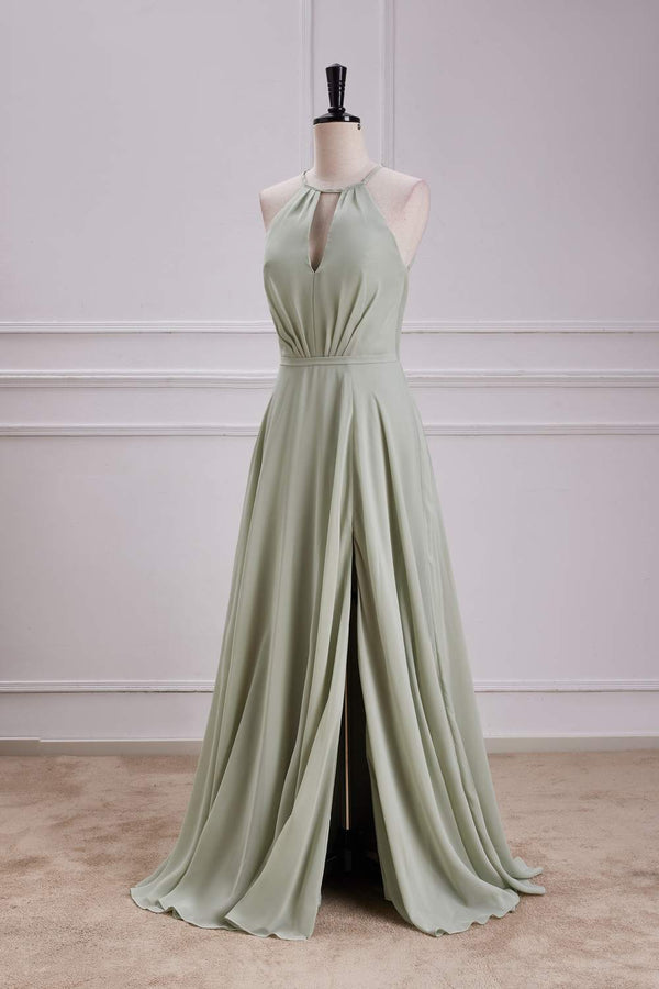 Halter Sage Keyhole Tie Back Long Maxi Dress with Slit
