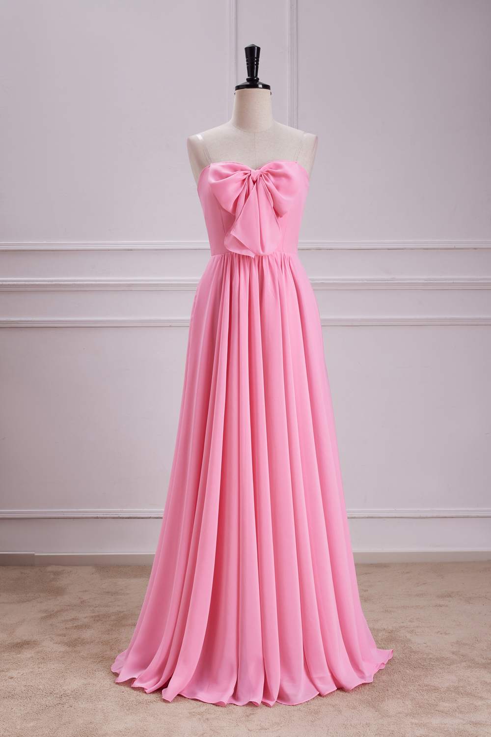 Sweetheart Candy Pink A-Line Chiffon Maxi Dress with Bow