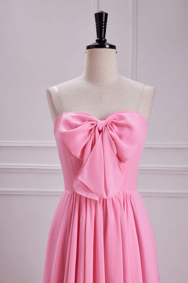 Sweetheart Candy Pink A-Line Chiffon Maxi Dress with Bow