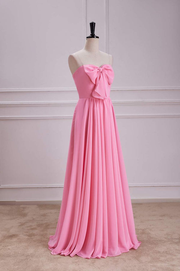 Sweetheart Candy Pink A-Line Chiffon Maxi Dress with Bow
