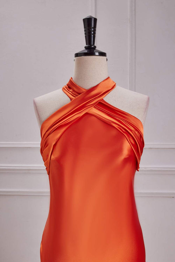 Burnt Orange Halter Mermaid Satin Maxi Dress