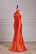 Burnt Orange Halter Mermaid Satin Maxi Dress