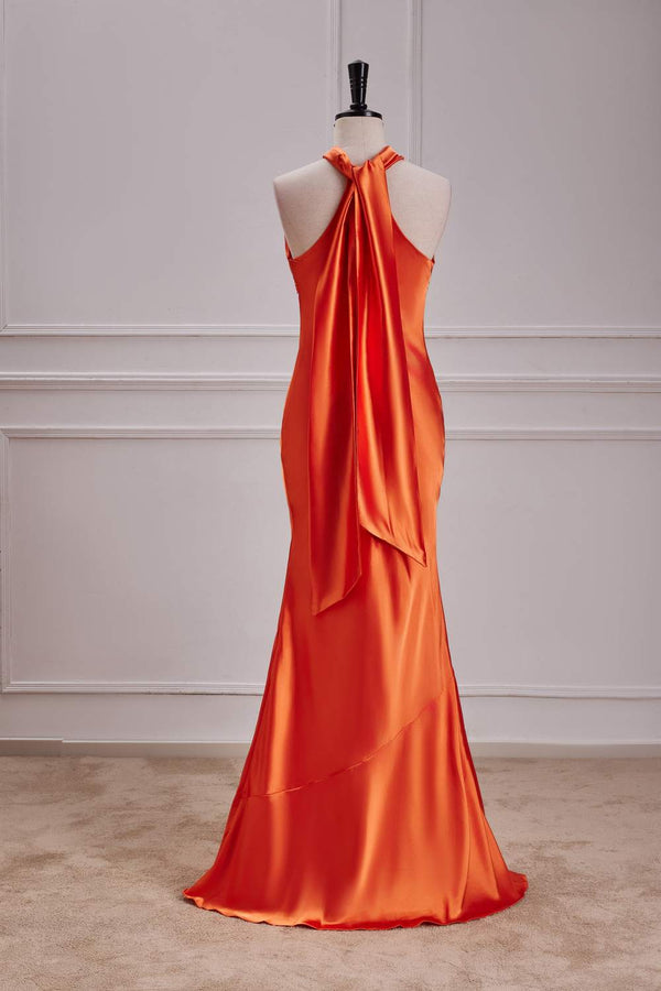 Burnt Orange Halter Mermaid Satin Maxi Dress