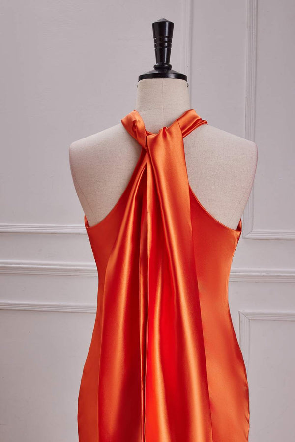 Burnt Orange Halter Mermaid Satin Maxi Dress