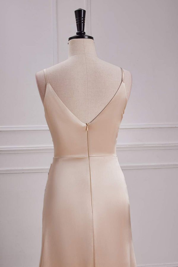 V-Neck Champagne A-Line Bridesmaid Dress with Slit