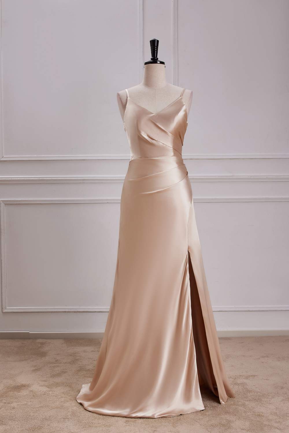 V-Neck Champagne A-Line Bridesmaid Dress with Slit – FancyVestido