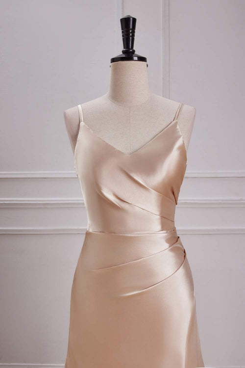V-Neck Champagne A-Line Bridesmaid Dress with Slit