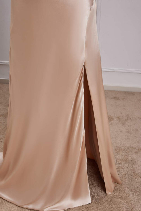 V-Neck Champagne A-Line Bridesmaid Dress with Slit