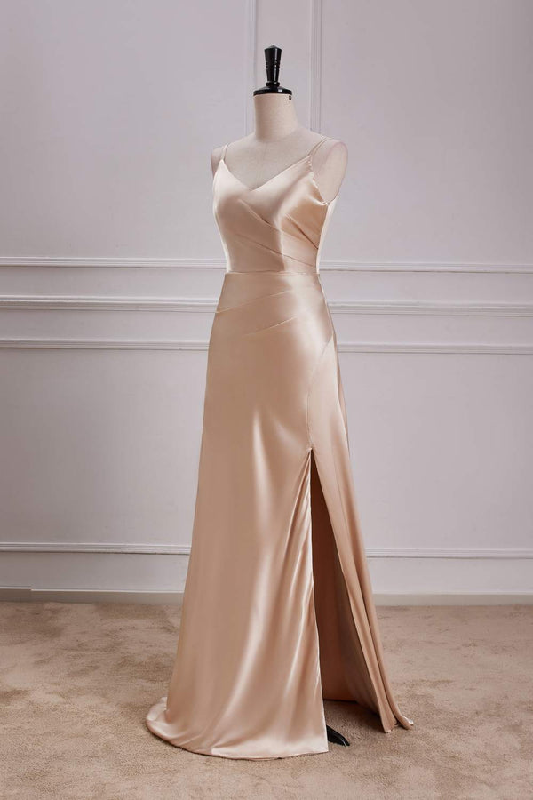 V-Neck Champagne A-Line Bridesmaid Dress with Slit