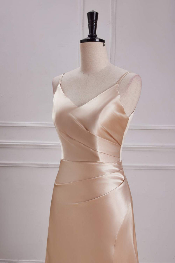 V-Neck Champagne A-Line Bridesmaid Dress with Slit