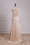 V-Neck Champagne A-Line Bridesmaid Dress with Slit