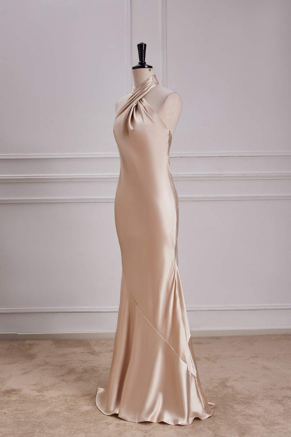 Champagne Crossed Halter Mermaid Bridesmaid Dress