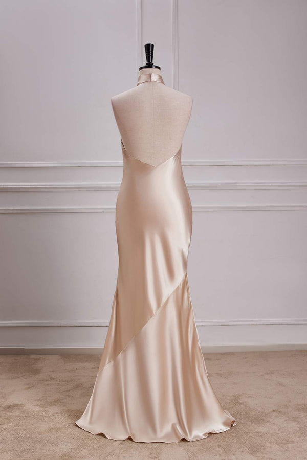 Champagne Crossed Halter Mermaid Bridesmaid Dress