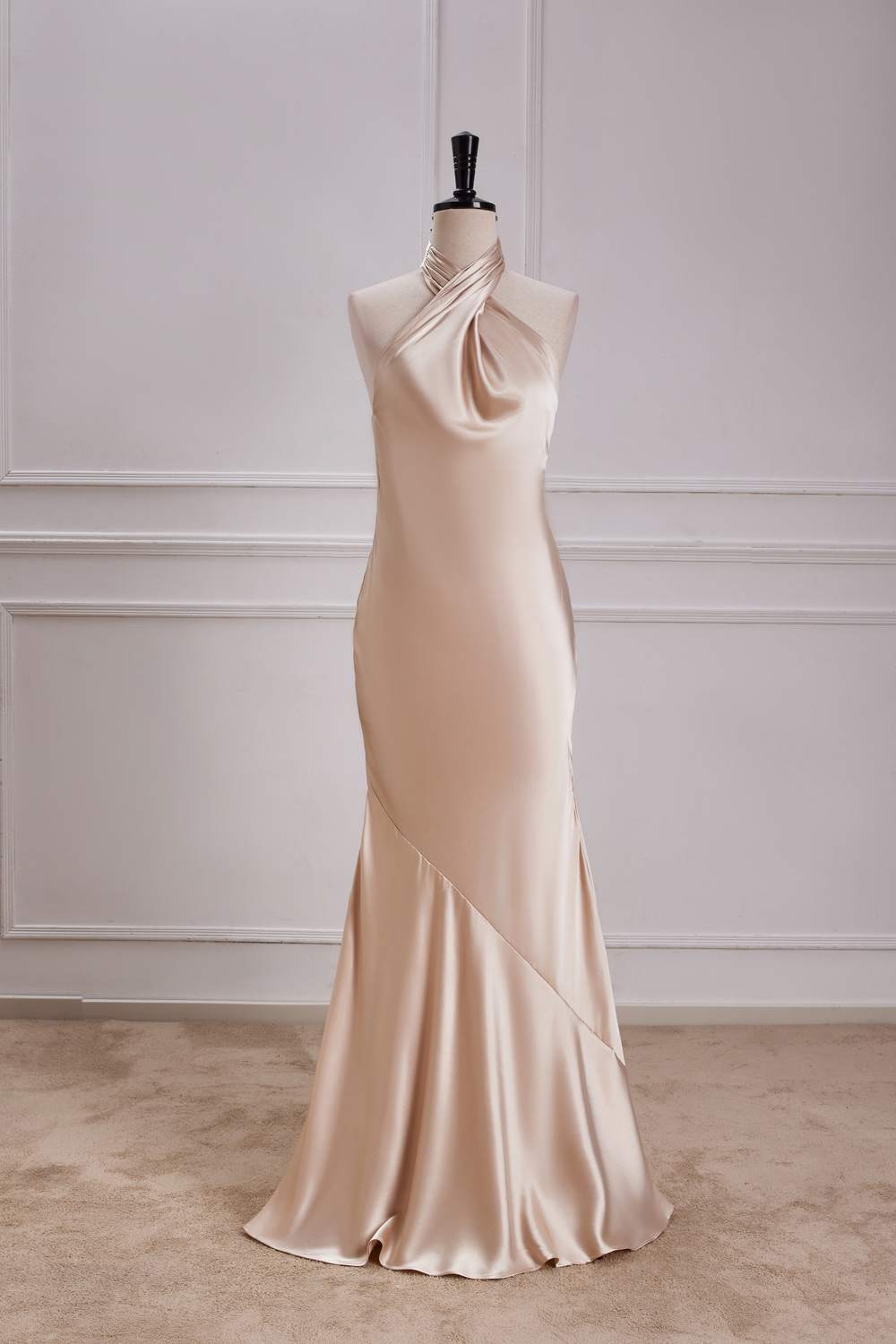 Champagne Crossed Halter Mermaid Bridesmaid Dress