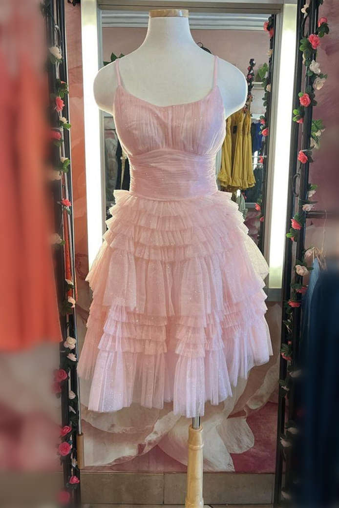 Square Neck Straps Pink A-Line Ruffle Dress
