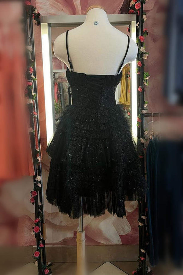 Square Neck Straps Pink A-Line Ruffle Dress Black Color Back Side