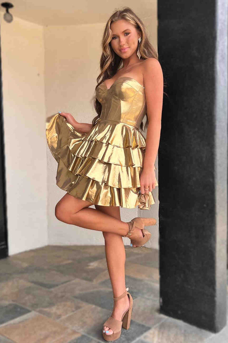 Sweetheart Gold Metallic A-Line Ruffle Homecoming Dress