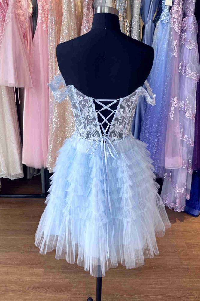 Light Blue Off-the-Shoulder Corset Tiered Short Homecoming Dress