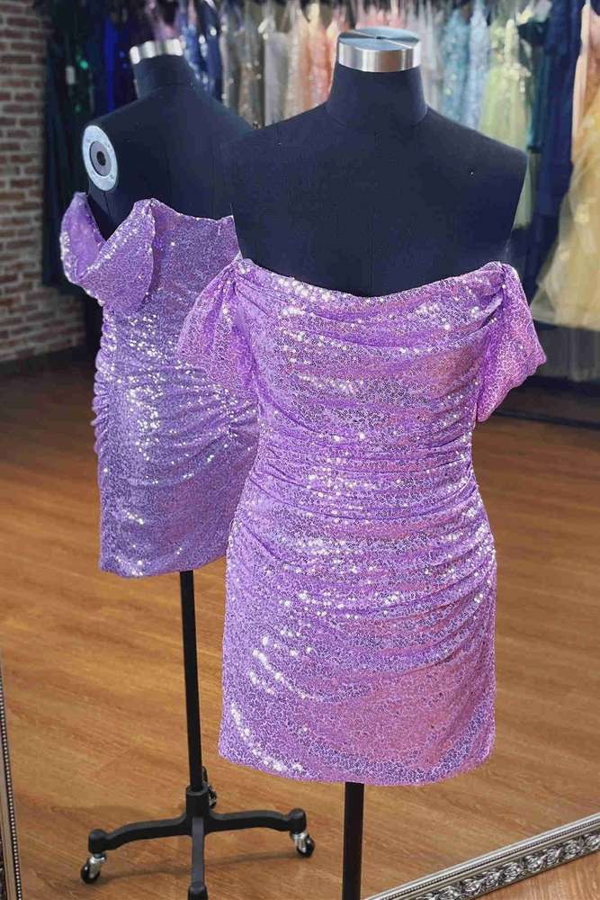 open lace back dress Off-Shoulder Lavender Sequins Ruched Short Homecoming Dress – FancyVestido