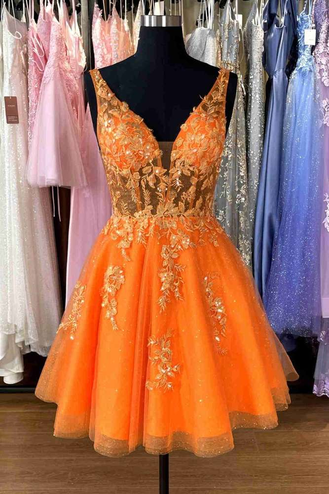 Plunging Neck Orange Appliques Short Party Dress-Fancyvestido FancyVestido Plunging Neck Orange Appliques Short Party Dress-Fancyvestido FancyVestido