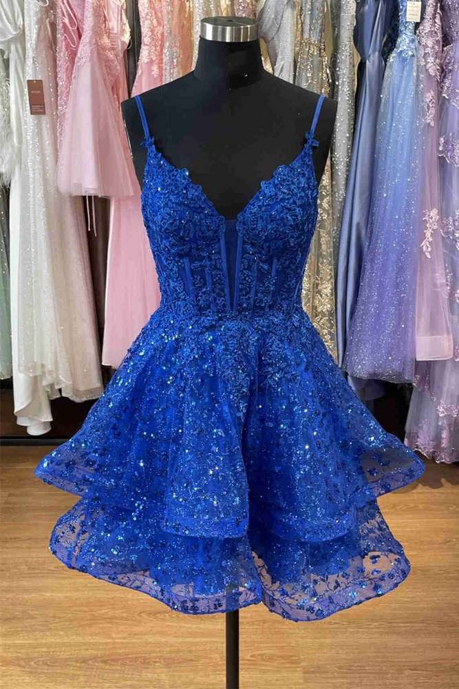 Straps Royal Blue V-Neck A-Line Homecoming Dress with Appliques