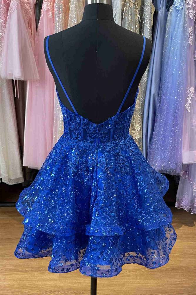 Straps Royal Blue V-Neck A-Line Homecoming Dress with Appliques
