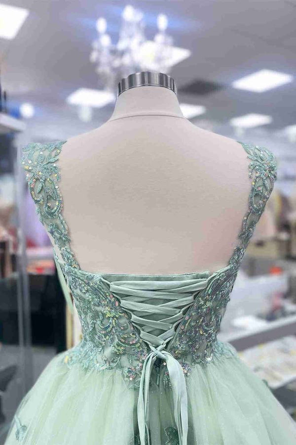 A-Line Lace-Up Sage Green Short Homecoming Dress with Appliques