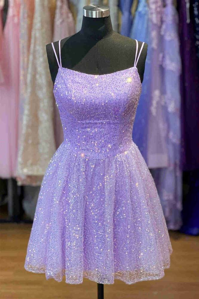 Double Straps Lavender A-Line Short Homecoming Dress with Sequin Front Side
