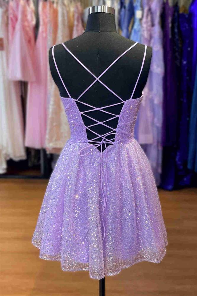 Double Straps Lavender A-Line Short Homecoming Dress with Sequin Back Side