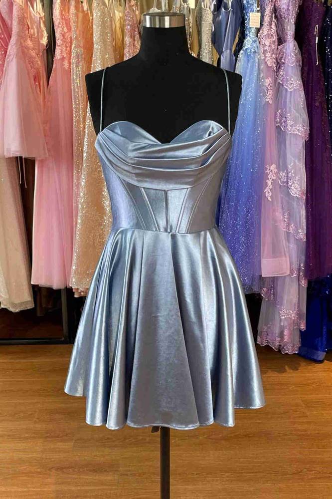 open lace back dress Straps Grey Pleated Lace-Up A-Line Short Party Dress-Fancyvestido –  FancyVestido