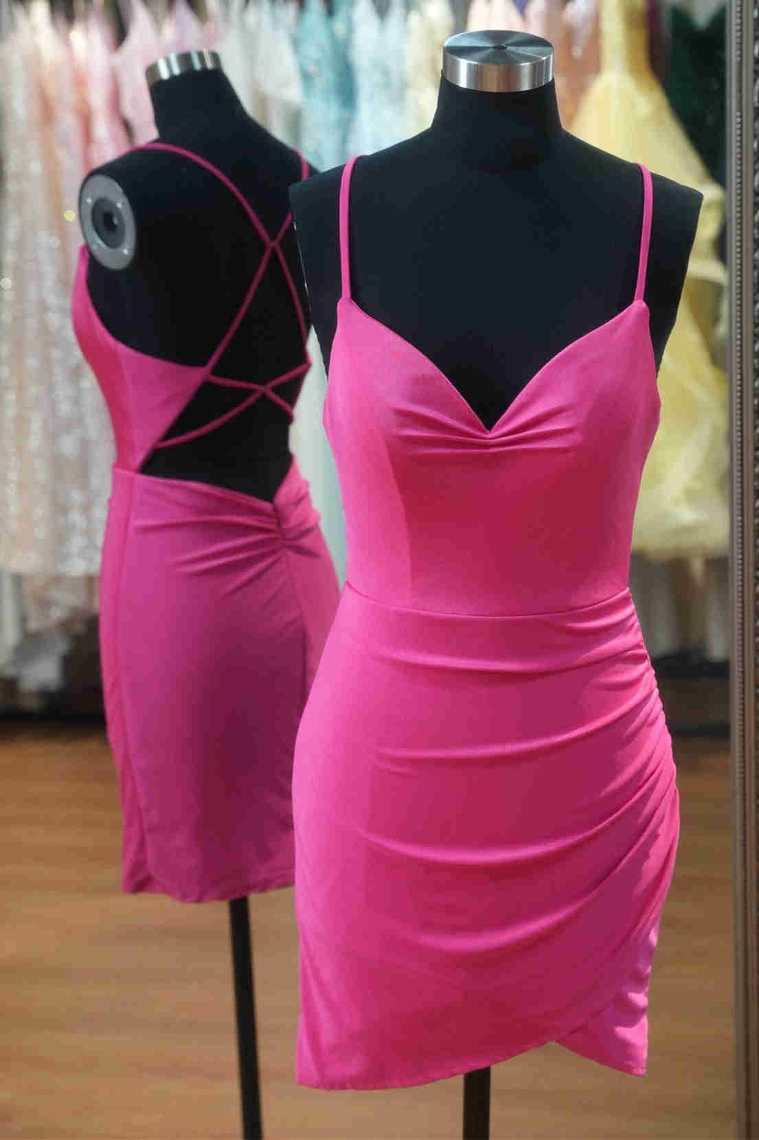 V-Neck Hot Pink Pleated Bodycon Homecoming Dress