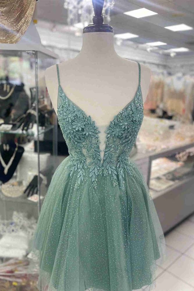 Deep V-Neck Sage Green Appliques Short A-Line Homecoming Dress FancyVestido Deep V-Neck Sage Green Appliques Short A-Line Homecoming Dress FancyVestido