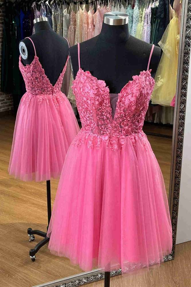 Hot Pink Straps Appliques Short A-Line Homecoming Dress