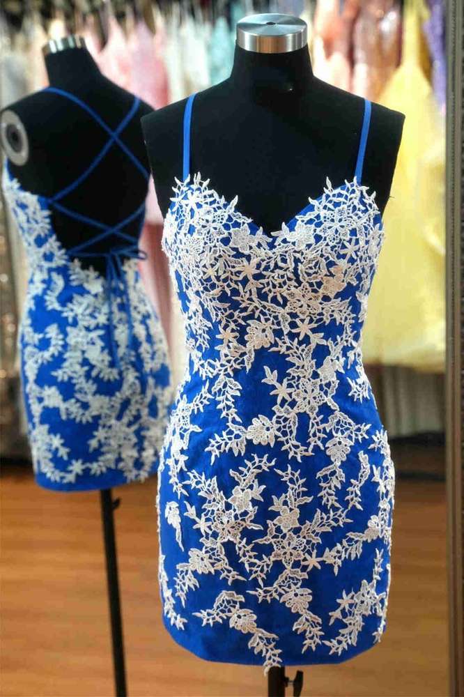 Blue Straps Mini Homecoming Dress with White Appliques