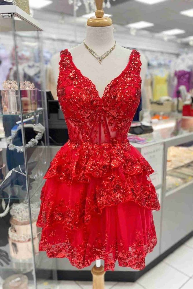 V-Neck Red Sequin Appliques Ruffle Short Homecoming Dress