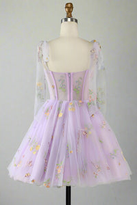 Tie Straps Blue Floral Embroidery Short Party Dress Purple