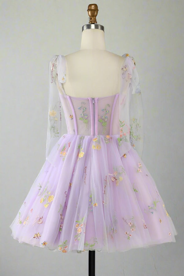 Tie Straps Blue Floral Embroidery Short Party Dress Purple