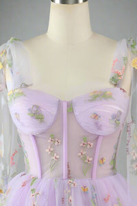 Tie Straps Blue Floral Embroidery Short Party Dress Purple