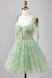 Tie Straps Blue Floral Embroidery Short Party Dress Green