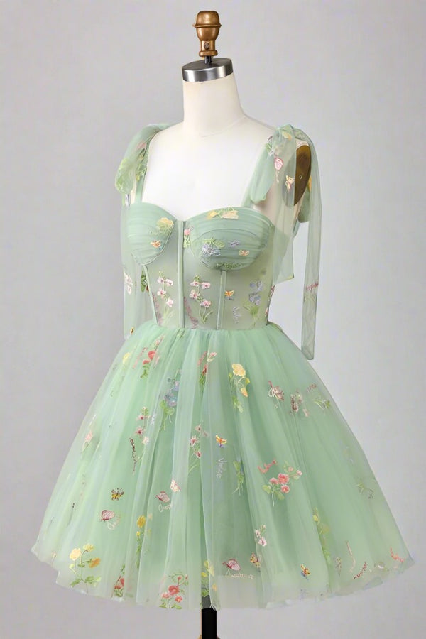 Tie Straps Blue Floral Embroidery Short Party Dress Green