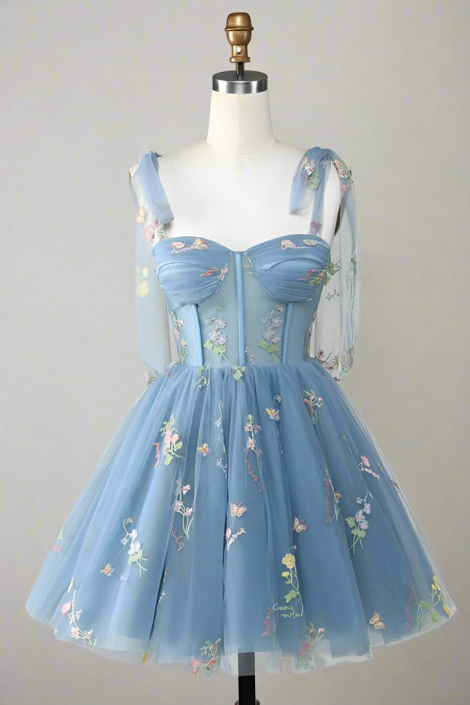 Tie Straps Blue Floral Embroidery Short Party Dress-Fancyvestido FancyVestido Tie Straps Blue Floral Embroidery Short Party Dress-Fancyvestido FancyVestido