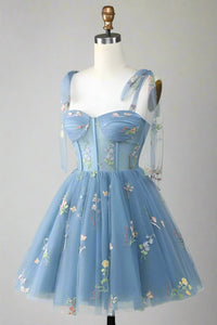 Tie Straps Blue Floral Embroidery Short Party Dress