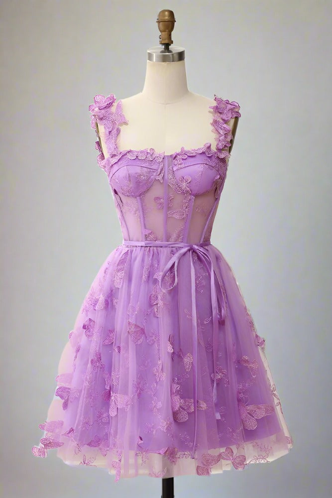 Square Neck Lilac Butterfly Appliques Short Homecoming Dress