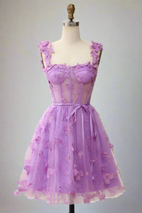 Square Neck Lilac Butterfly Appliques Short Homecoming Dress