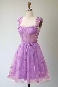 Square Neck Lilac Butterfly Appliques Short Homecoming Dress