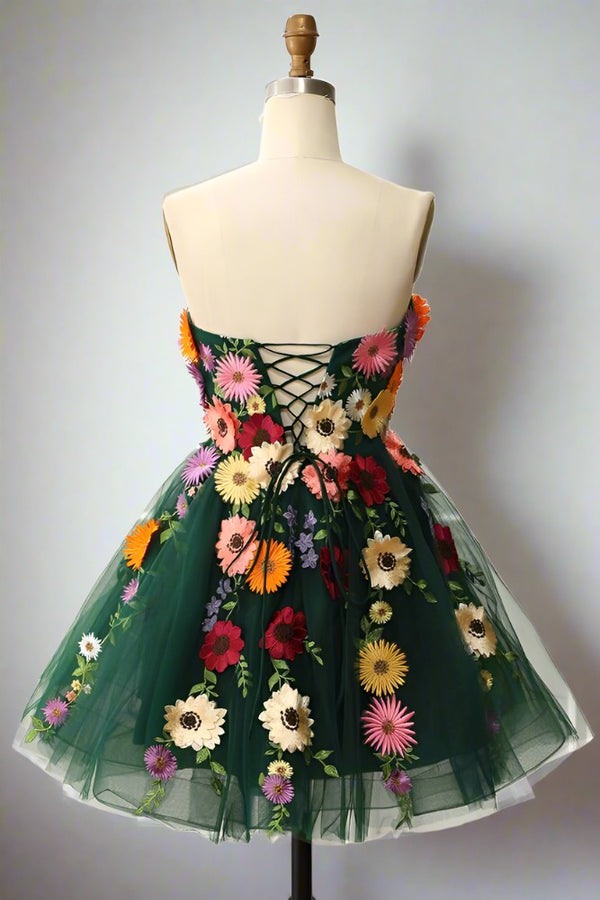 Sage Green Sweetheart 3D Floral Embroidered A-line Party Dress Dark Green
