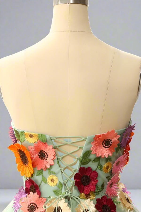 Sage Green Sweetheart 3D Floral Embroidered A-line Party Dress