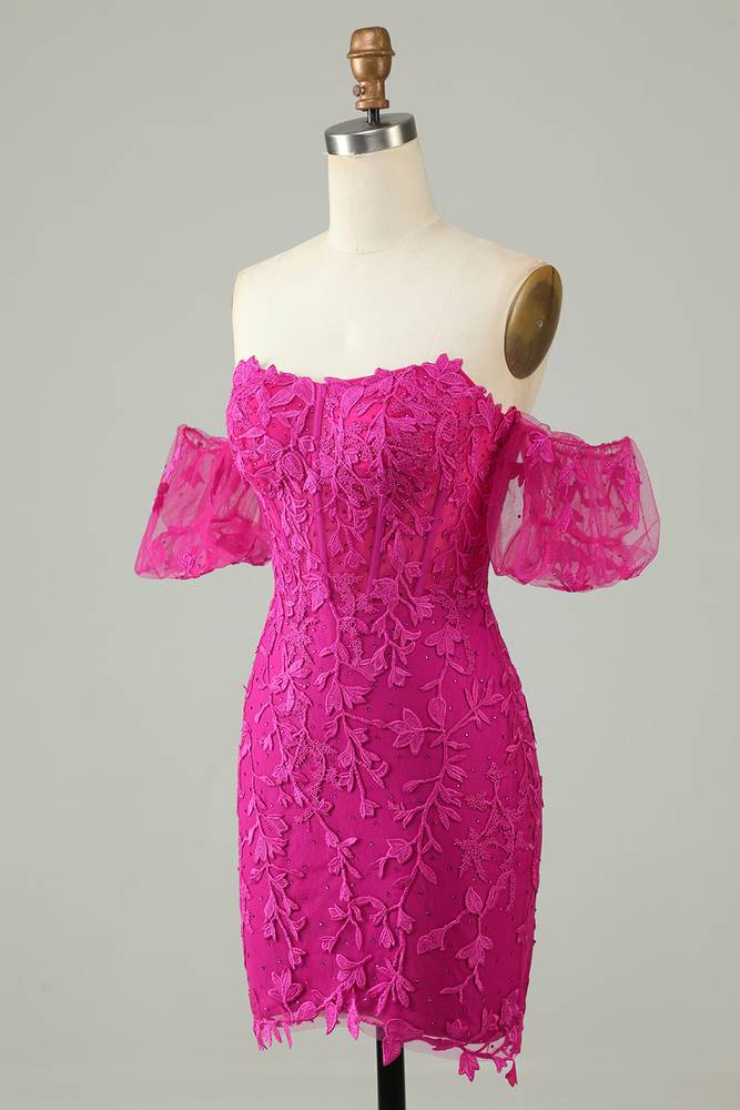 Off-Shoulder Fuchsia Appliques Bodycon Homecoming Dress